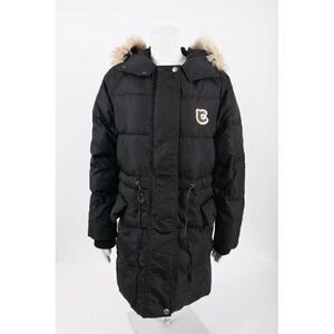 COACH Womens Down Puffer Jacket Coat Black Sz 2 Hooded Lamb Shearling trim NEW